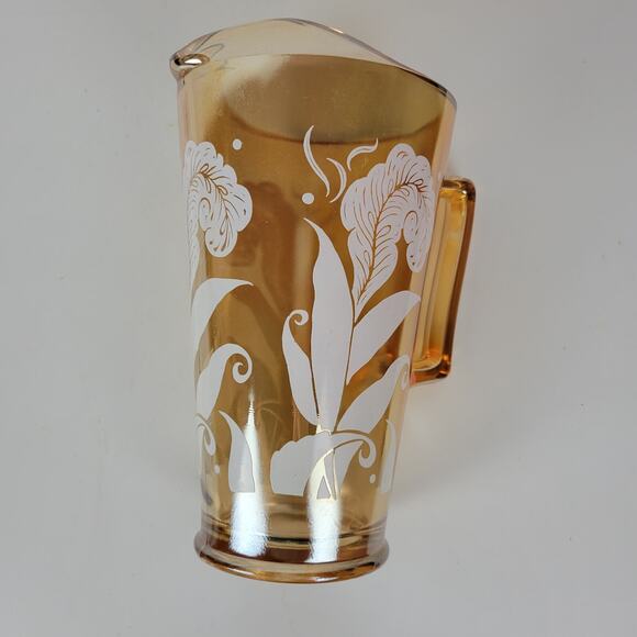 Vintage Jeanette Marigold Pitcher 9" Amber Peach Carnival Glass‎ Feather - Picture 13 of 13